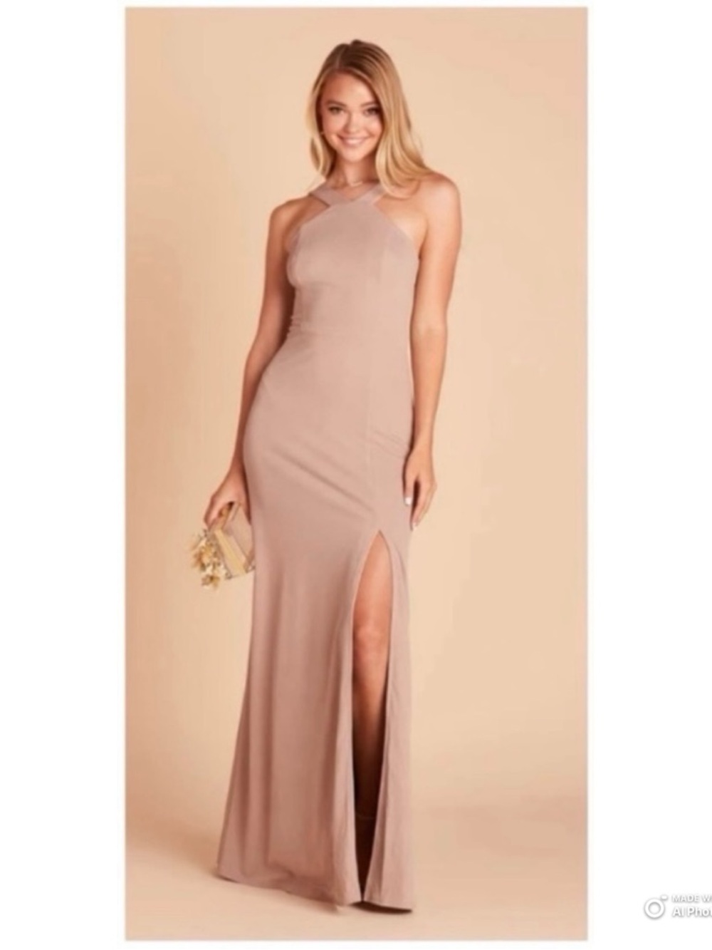 Birdy Grey Taupe Crepe Gene Maxi Dress Size Small Formal Gown Bridesmaid NWT